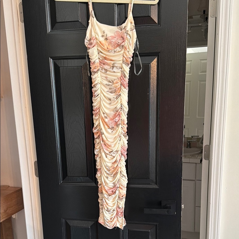 Floral Ruched Slip Dress - Cream with Pink Floral